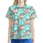 Cartoon Cow And Daisy Flower Print Women's Polo Shirt