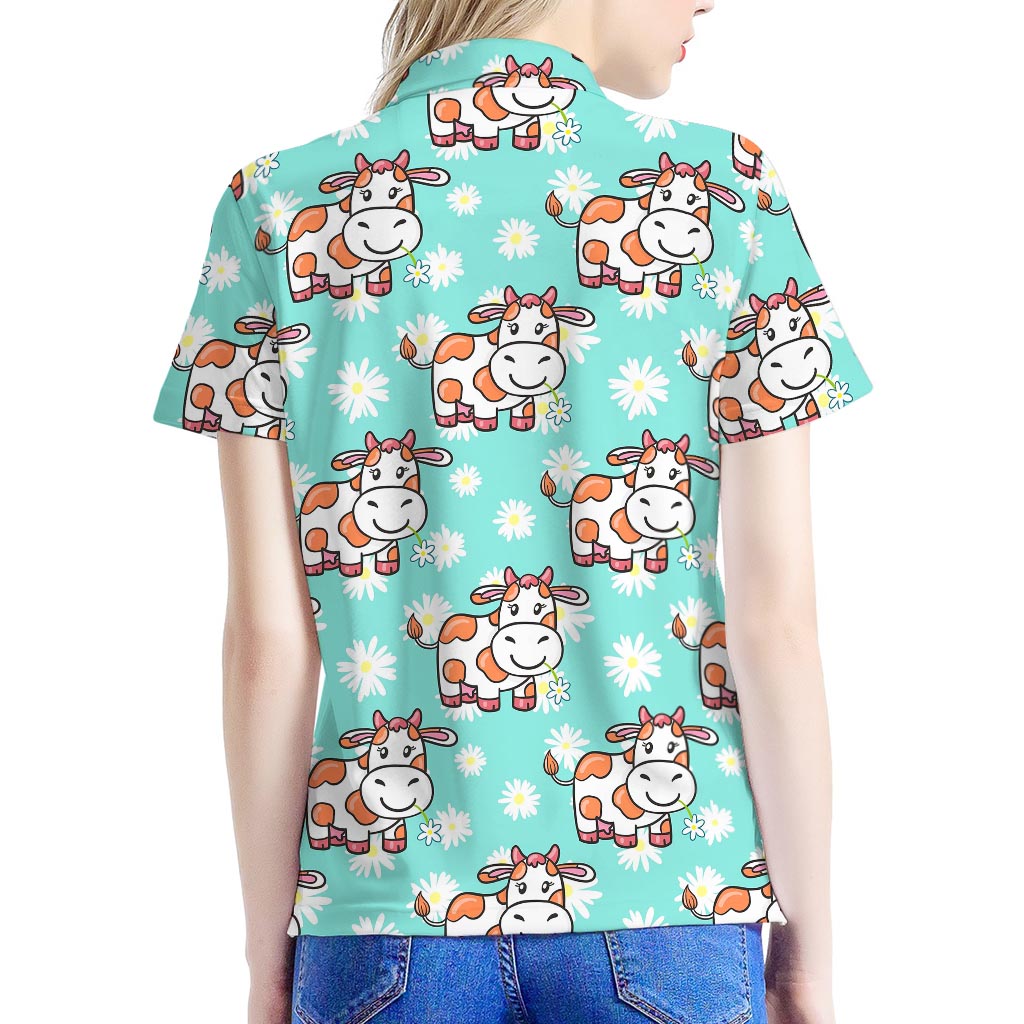 Cartoon Cow And Daisy Flower Print Women's Polo Shirt