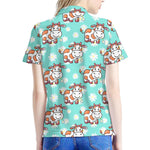 Cartoon Cow And Daisy Flower Print Women's Polo Shirt