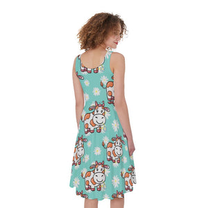 Cartoon Cow And Daisy Flower Print Women's Sleeveless Dress