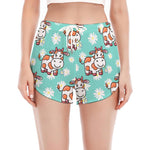 Cartoon Cow And Daisy Flower Print Women's Split Running Shorts