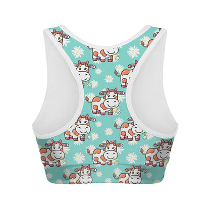 Cartoon Cow And Daisy Flower Print Women's Sports Bra