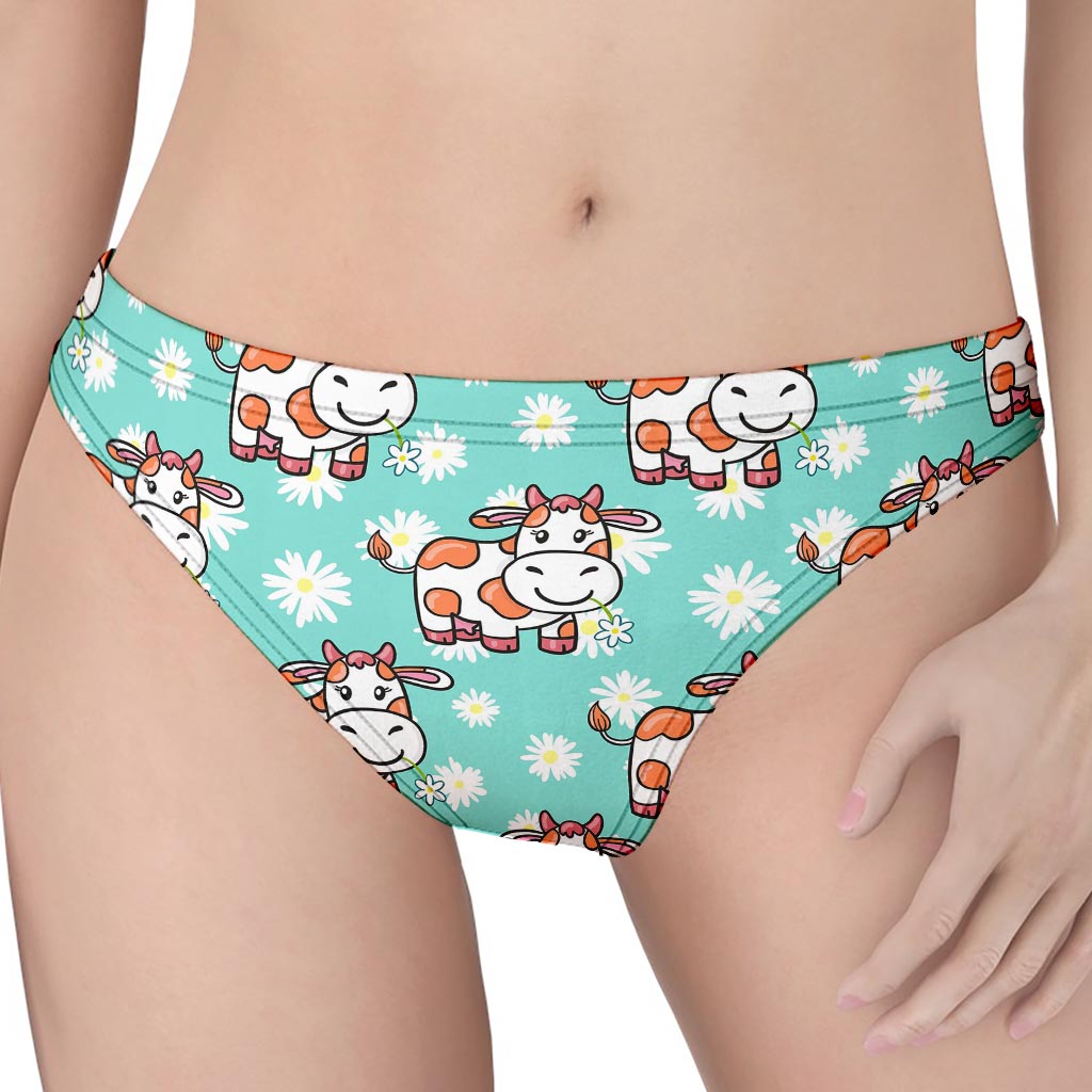 Cartoon Cow And Daisy Flower Print Women's Thong