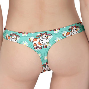 Cartoon Cow And Daisy Flower Print Women's Thong