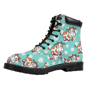 Cartoon Cow And Daisy Flower Print Work Boots