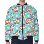 Cartoon Cow And Daisy Flower Print Zip Sleeve Bomber Jacket