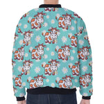 Cartoon Cow And Daisy Flower Print Zip Sleeve Bomber Jacket
