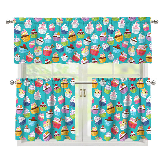 Cartoon Cupcake Pattern Print 3 Piece Kitchen Curtains