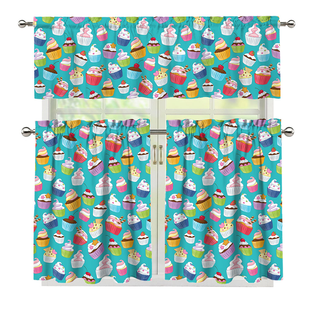 Cartoon Cupcake Pattern Print 3 Piece Kitchen Curtains