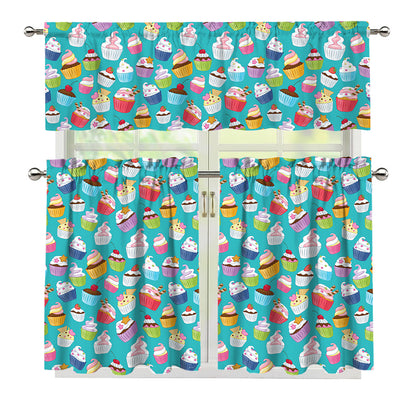 Cartoon Cupcake Pattern Print 3 Piece Kitchen Curtains