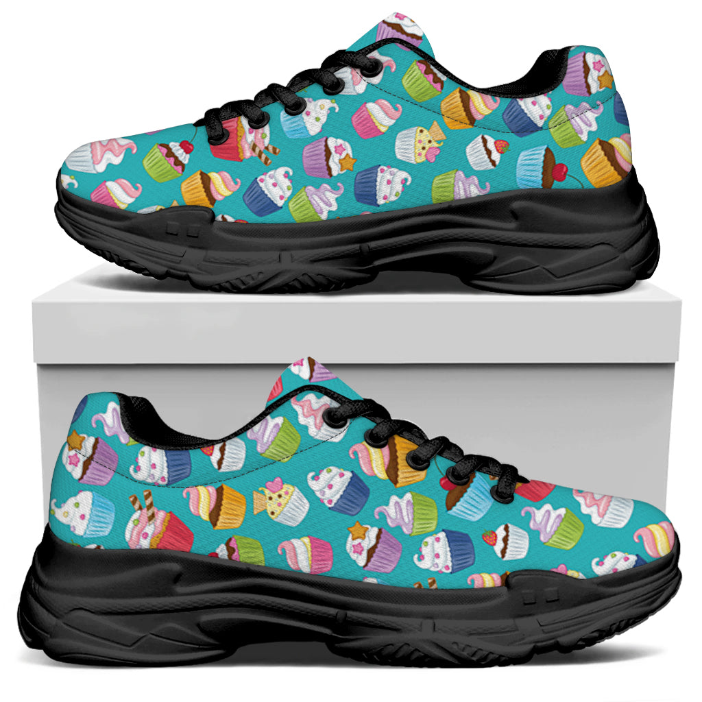 Cartoon Cupcake Pattern Print Black Chunky Shoes