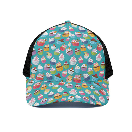 Cartoon Cupcake Pattern Print Black Mesh Trucker Cap