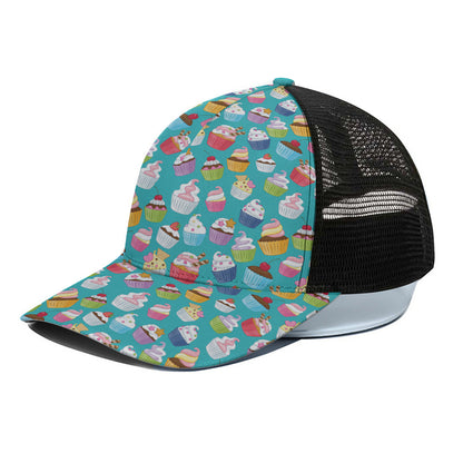 Cartoon Cupcake Pattern Print Black Mesh Trucker Cap