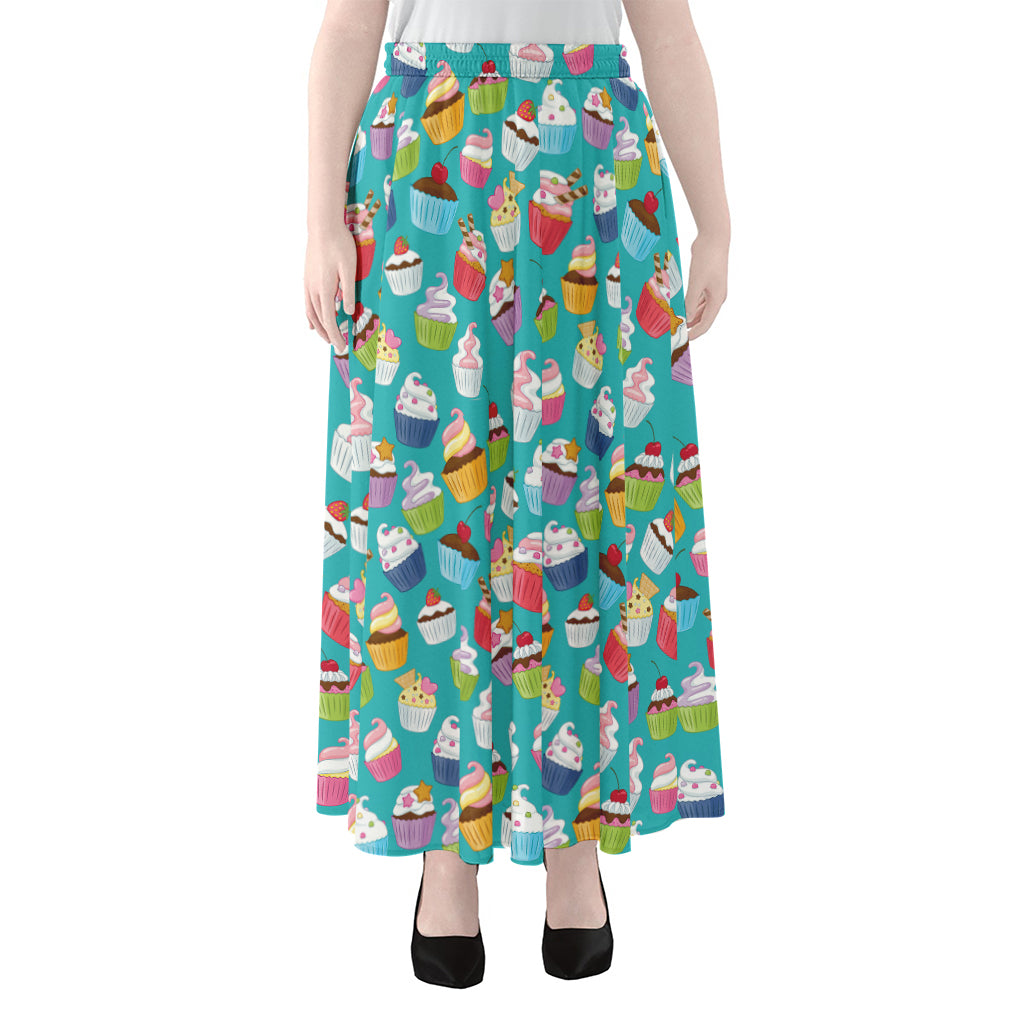 Cartoon Cupcake Pattern Print Chiffon Maxi Skirt