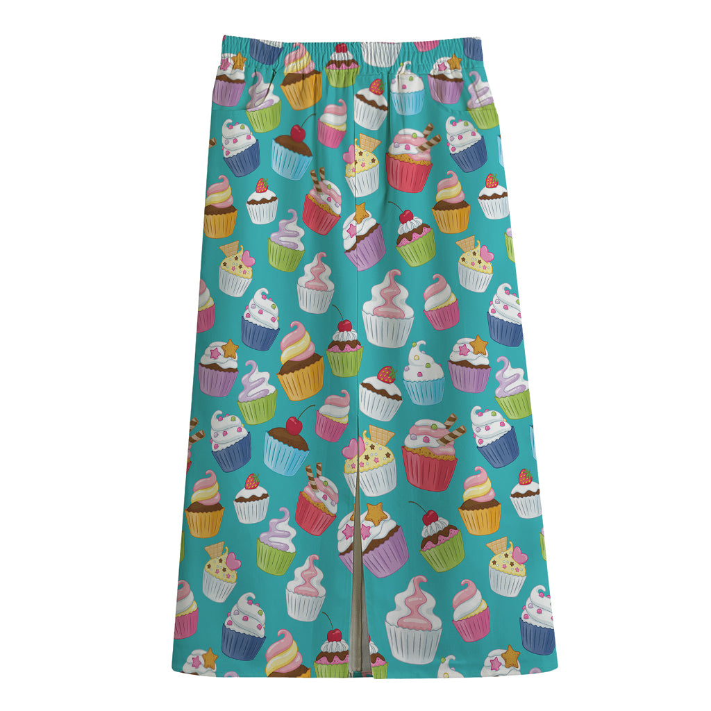 Cartoon Cupcake Pattern Print Cotton Front Slit Maxi Skirt