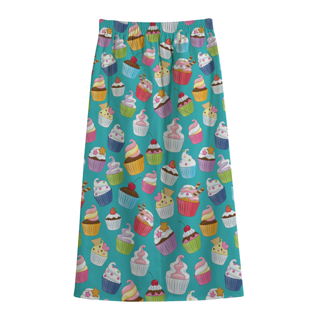Cartoon Cupcake Pattern Print Cotton Front Slit Maxi Skirt