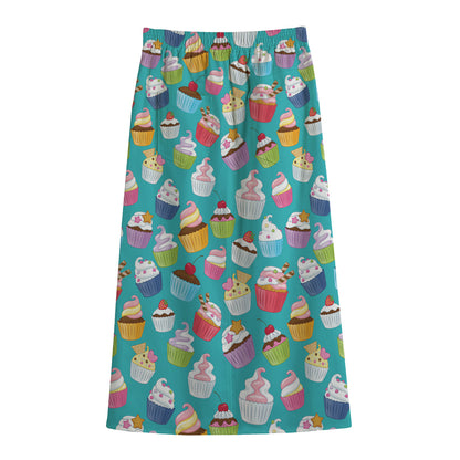 Cartoon Cupcake Pattern Print Cotton Front Slit Maxi Skirt