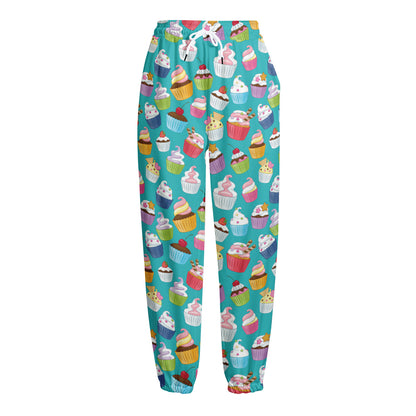 Cartoon Cupcake Pattern Print Fleece Lined Knit Pants