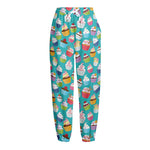 Cartoon Cupcake Pattern Print Fleece Lined Knit Pants