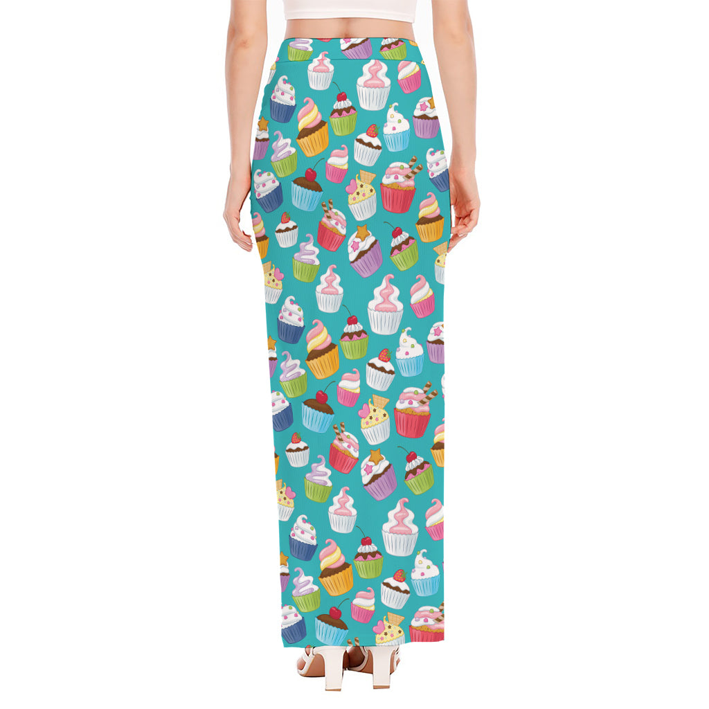 Cartoon Cupcake Pattern Print High Slit Maxi Skirt