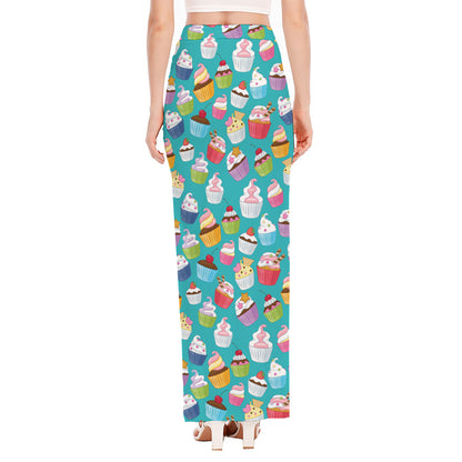 Cartoon Cupcake Pattern Print High Slit Maxi Skirt