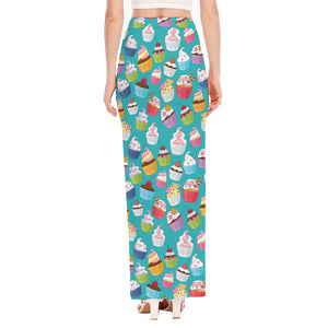 Cartoon Cupcake Pattern Print High Slit Maxi Skirt