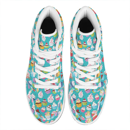 Cartoon Cupcake Pattern Print High Top Leather Sneakers