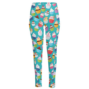 Cartoon Cupcake Pattern Print High-Waisted Pocket Leggings