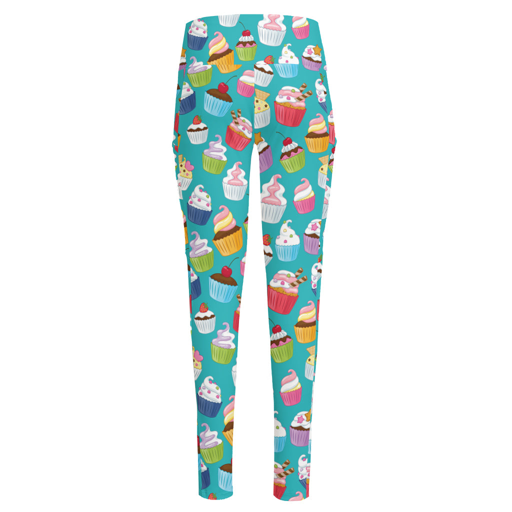 Cartoon Cupcake Pattern Print High-Waisted Pocket Leggings