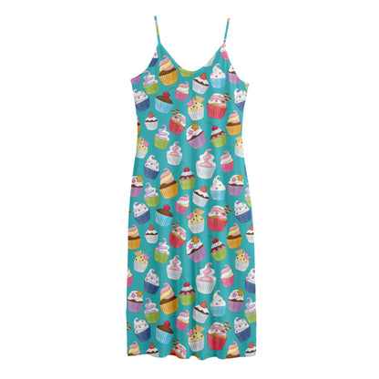 Cartoon Cupcake Pattern Print Jersey Midi Cami Dress