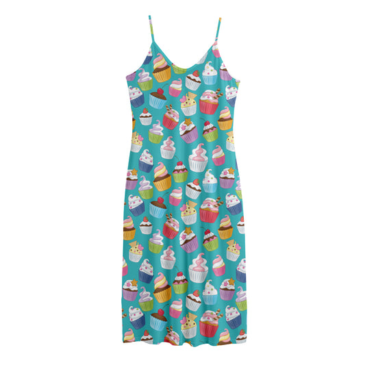 Cartoon Cupcake Pattern Print Jersey Midi Cami Dress