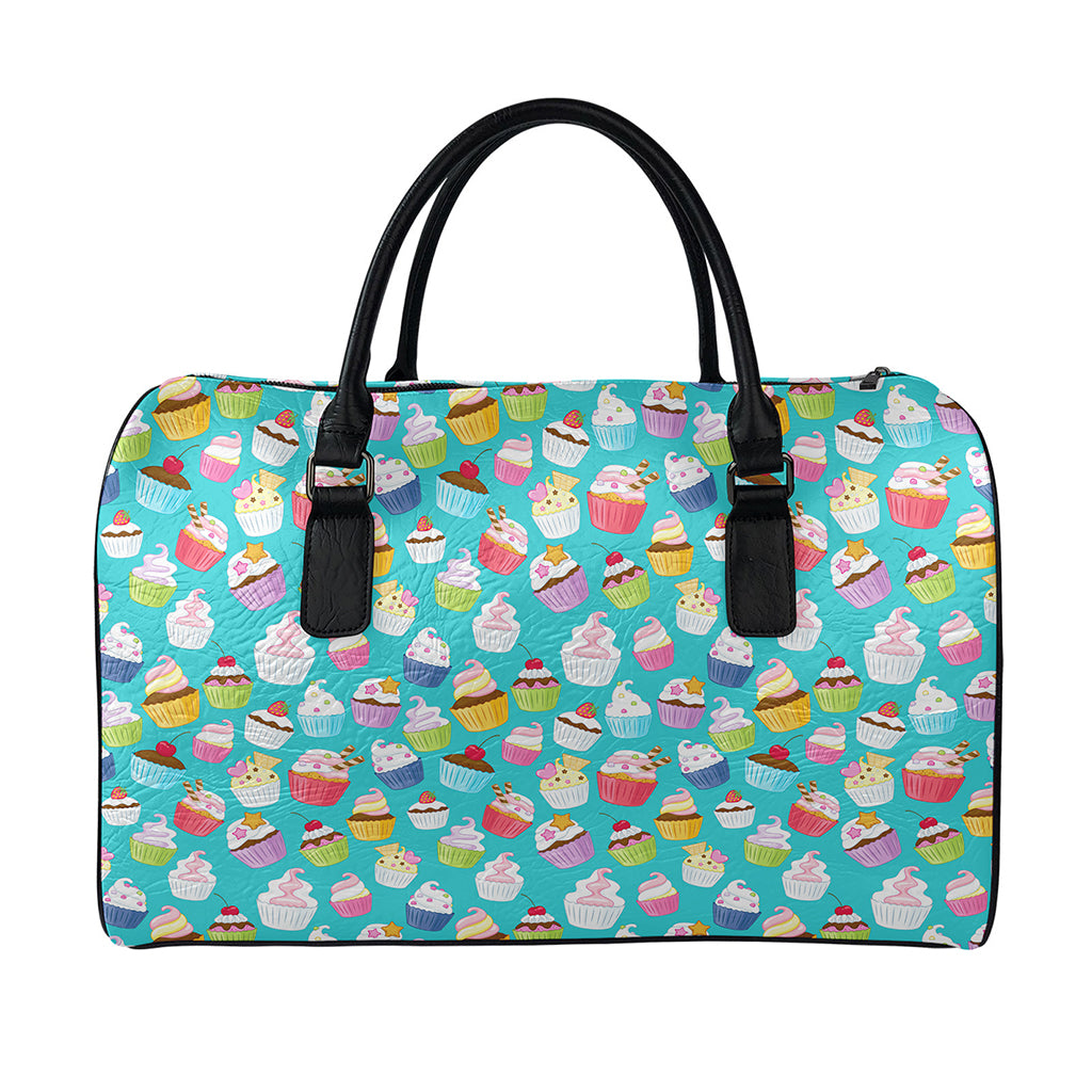 Cartoon Cupcake Pattern Print Leather Duffle Bag