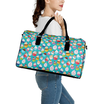 Cartoon Cupcake Pattern Print Leather Duffle Bag