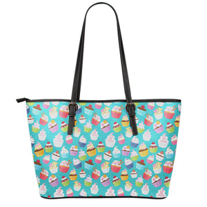 Cartoon Cupcake Pattern Print Leather Tote Bag