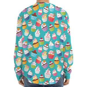 Cartoon Cupcake Pattern Print Long Sleeve Baseball Jersey