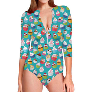 Cartoon Cupcake Pattern Print Long Sleeve Swimsuit