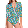 Cartoon Cupcake Pattern Print Long Sleeve Swimsuit