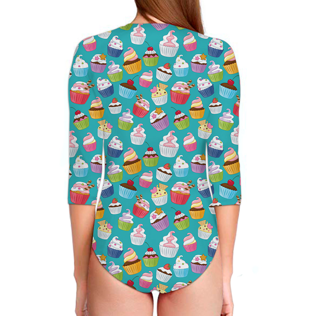 Cartoon Cupcake Pattern Print Long Sleeve Swimsuit