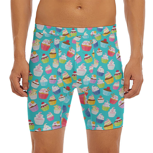 Cartoon Cupcake Pattern Print Men's Long Boxer Briefs