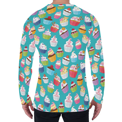 Cartoon Cupcake Pattern Print Men's Long Sleeve T-Shirt