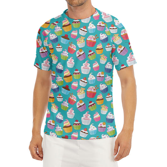 Cartoon Cupcake Pattern Print Men's Short Sleeve Rash Guard