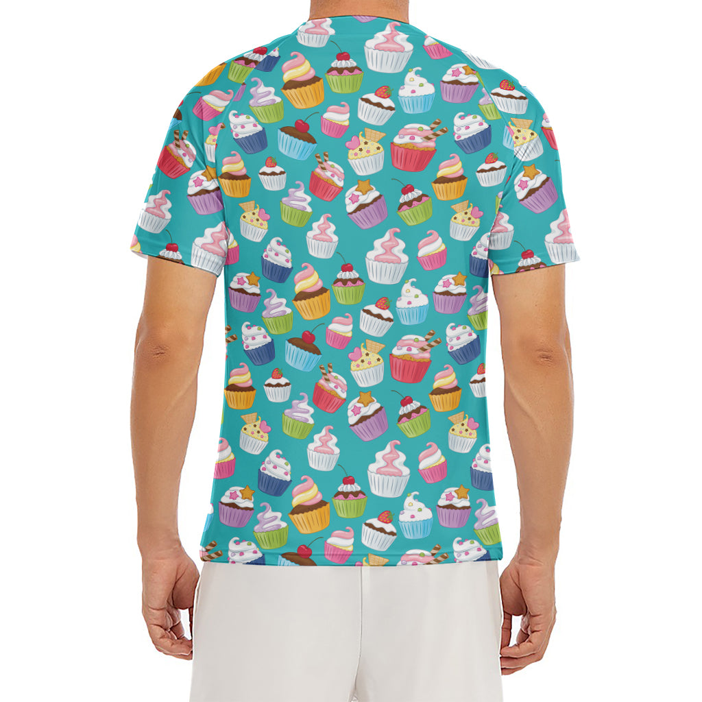 Cartoon Cupcake Pattern Print Men's Short Sleeve Rash Guard