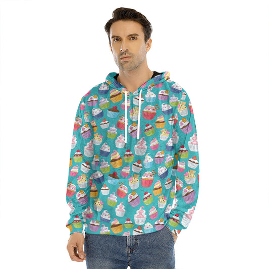 Cartoon Cupcake Pattern Print Men's Velvet Pullover Hoodie