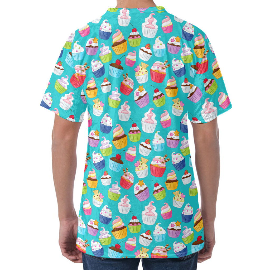 Cartoon Cupcake Pattern Print Men's Velvet T-Shirt