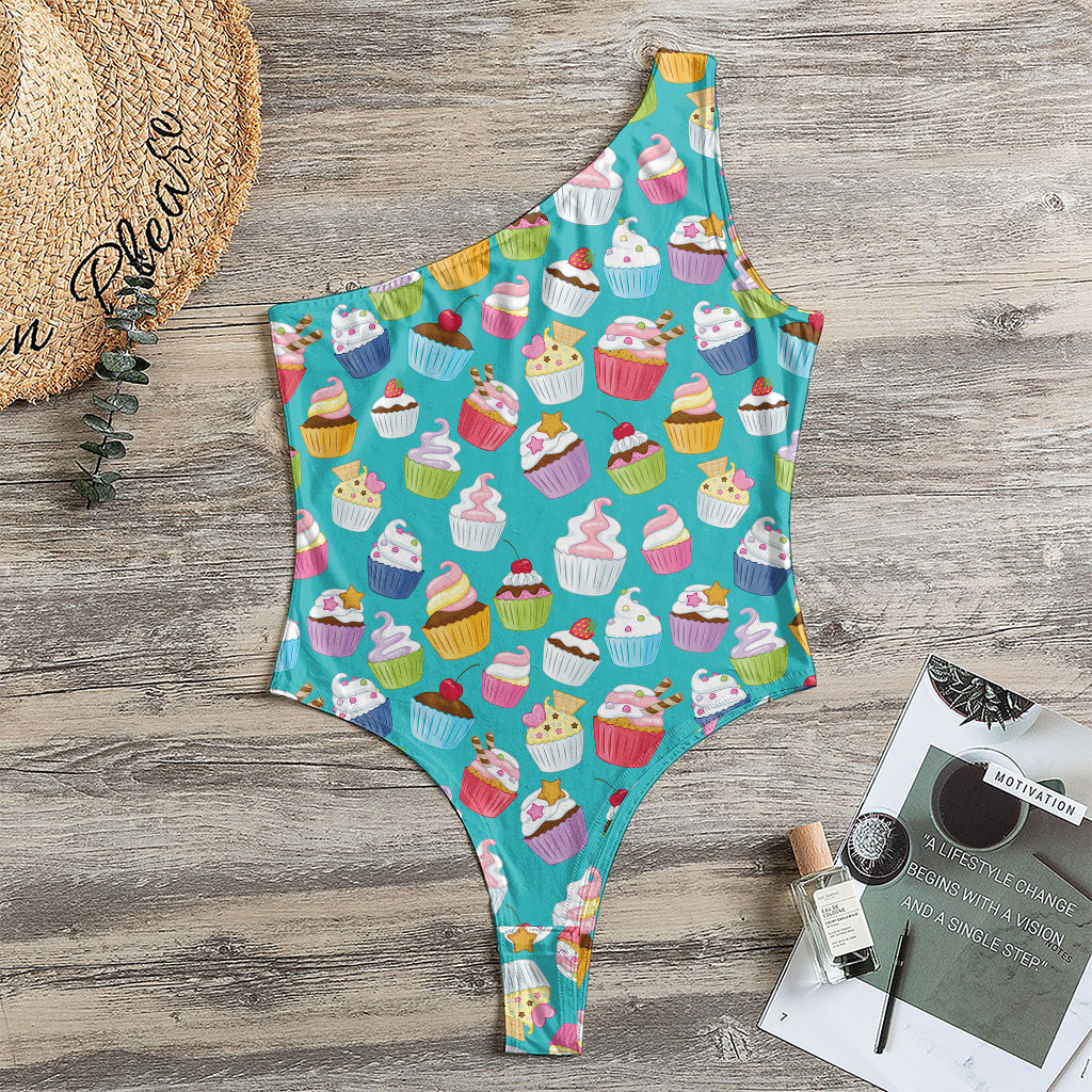 Cartoon Cupcake Pattern Print One Shoulder Bodysuit