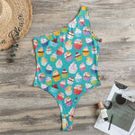 Cartoon Cupcake Pattern Print One Shoulder Bodysuit