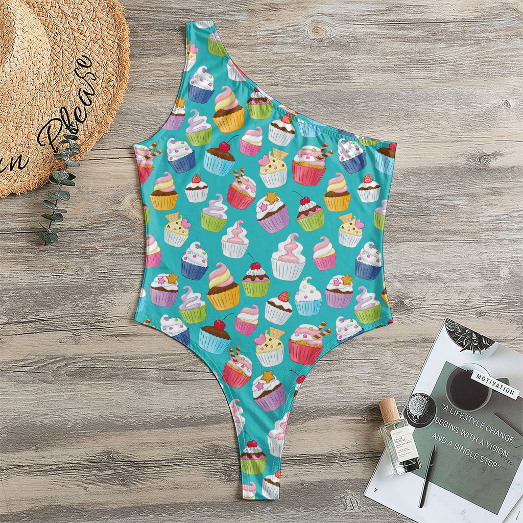 Cartoon Cupcake Pattern Print One Shoulder Bodysuit