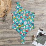 Cartoon Cupcake Pattern Print One Shoulder Bodysuit