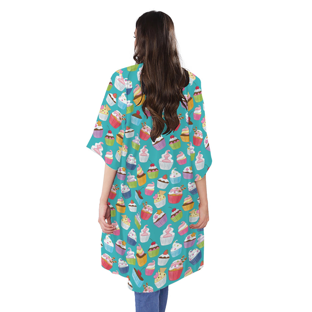 Cartoon Cupcake Pattern Print Open Front Beach Cover Up