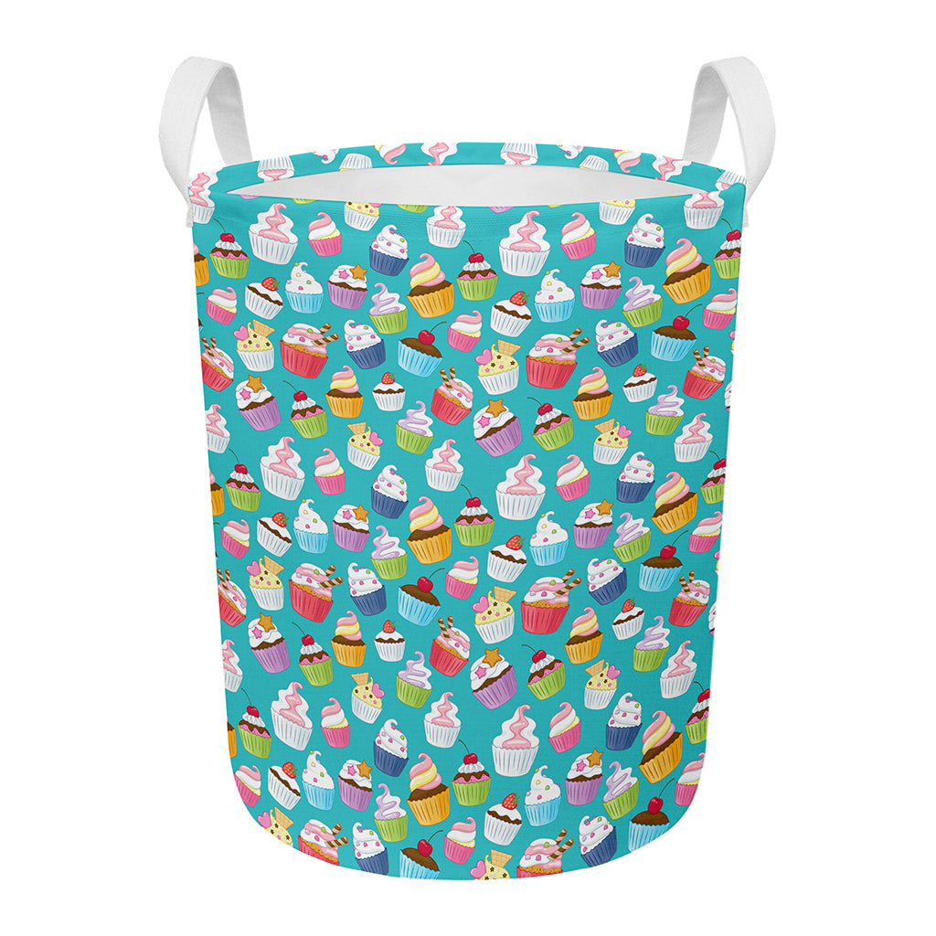 Cartoon Cupcake Pattern Print Round Laundry Basket